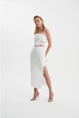 EKRU KREP KUMAŞ ASİMETRİK CROP ETEK TAKIM