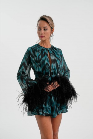 BLUE MINT ŞİFON KOL UCU OTRİŞ DETAYLI MİNİ ELBİSE